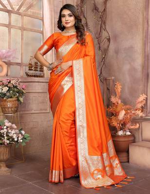 Orange faux banarasi silk blend saree 1