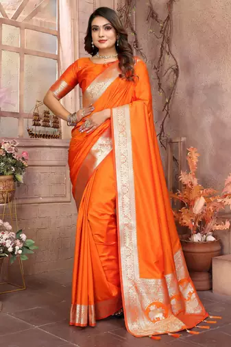 Orange banarasi silk blend saree