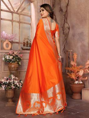 Orange faux banarasi silk blend saree 3