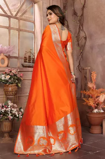 Orange faux banarasi silk blend saree