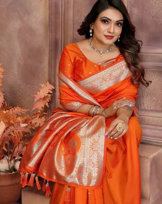 Orange faux banarasi silk blend saree 4