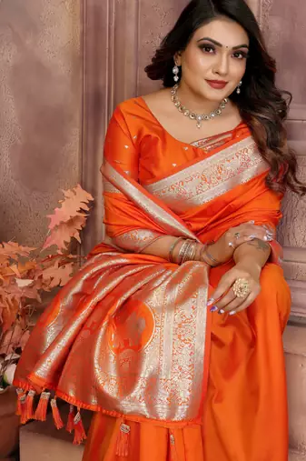 Orange faux banarasi silk blend saree