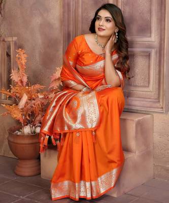 Orange faux banarasi silk blend saree 5