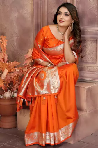 Orange faux banarasi silk blend saree