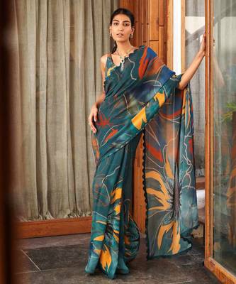 Green bright moss printed saree 1