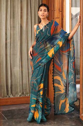 Green bright moss printed saree