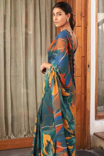 Green bright moss printed saree