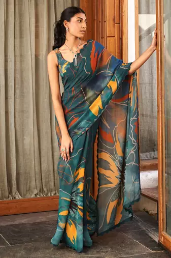Green bright moss printed saree