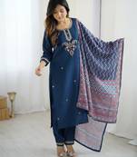 Women's Gorgeous Chanderi Silk Embroidery Straight Kurta with Pant and Dupatta Set