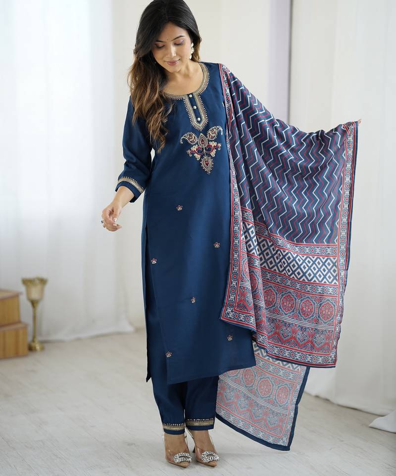 Women's Gorgeous Chanderi Silk Embroidery Straight Kurta with Pant and Dupatta Set