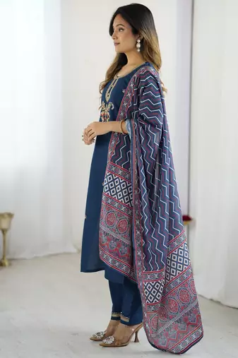 Women's  Chanderi Silk Embroidery Straight Kurta with Pant and Dupatta Set