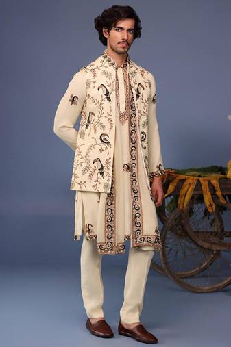Faiq macaw cream kurta 1 jacket set