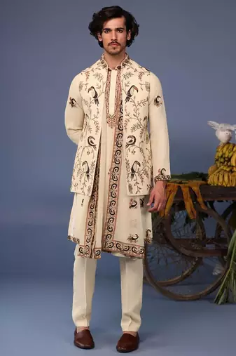Faiq macaw cream kurta 1 jacket set