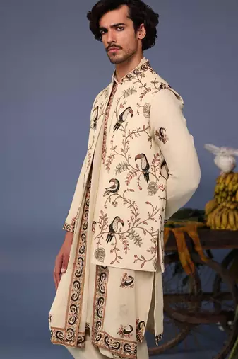 Faiq macaw cream kurta 1 jacket set