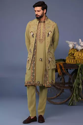 Firas macaw mehndi kurta 1 jacket set