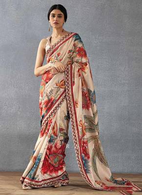 Beige bright moss printed saree 1