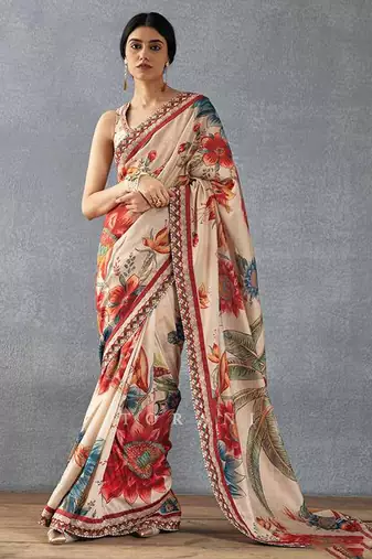 Beige bright moss printed saree