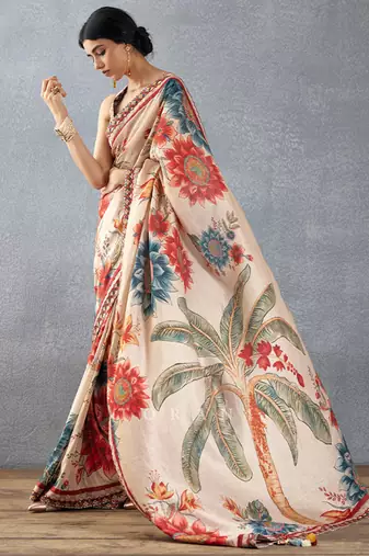 Beige bright moss printed saree