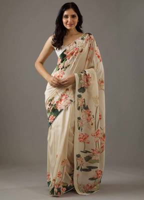 Cream bright moss printed saree 1