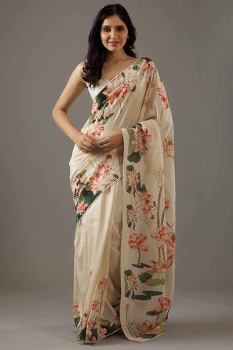 Cream bright moss printed saree