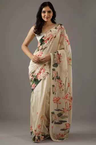 Cream bright moss printed saree