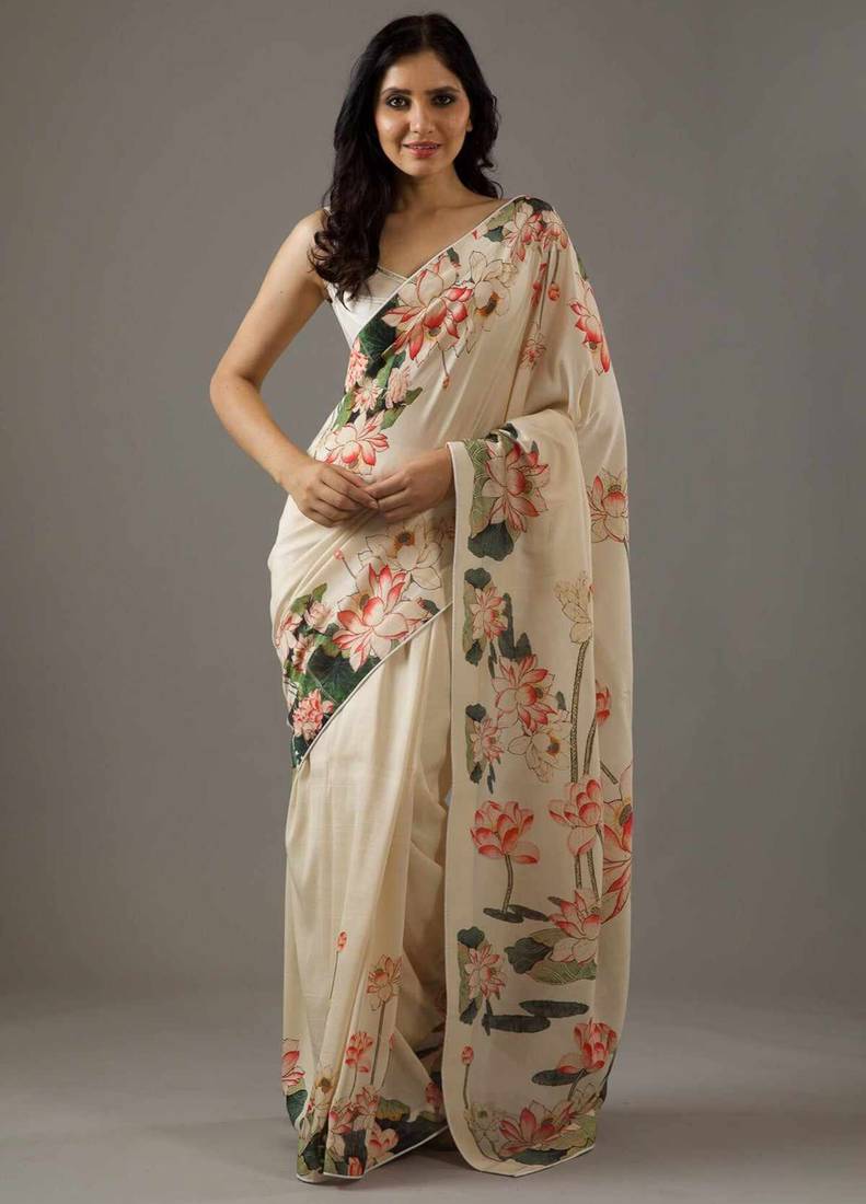 Cream bright moss printed saree