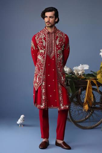 Heer pichwai resham hot red kurta jacket set