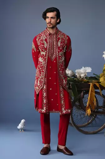 Heer pichwai resham hot red kurta jacket set