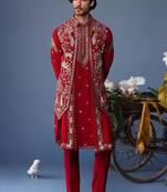 Heer pichwai resham hot red kurta jacket set