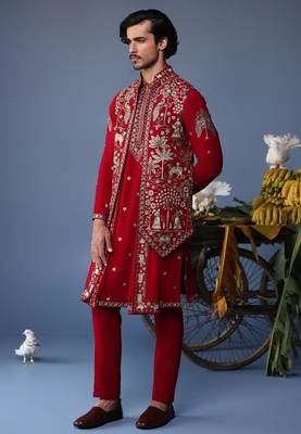 Heer pichwai resham hot red kurta jacket set 2