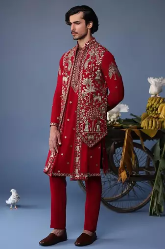 Heer pichwai resham hot red kurta jacket set
