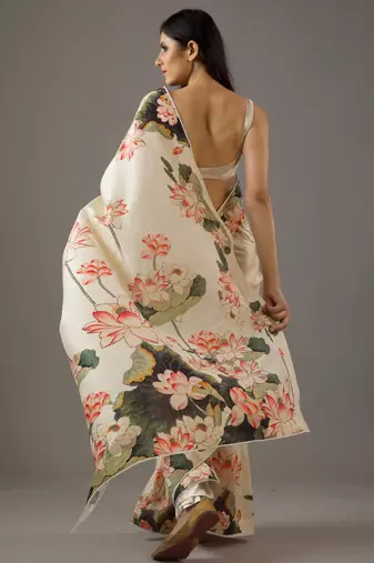 Cream bright moss printed saree