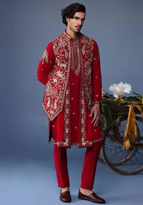 Heer pichwai resham hot red kurta jacket set 3
