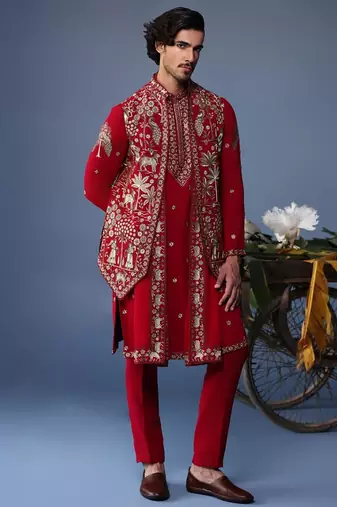 Heer pichwai resham hot red kurta jacket set