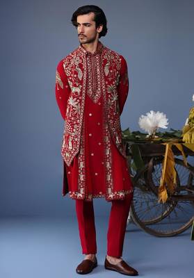 Heer pichwai resham hot red kurta jacket set 4