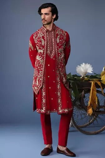Heer pichwai resham hot red kurta jacket set