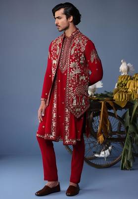 Heer pichwai resham hot red kurta jacket set 5