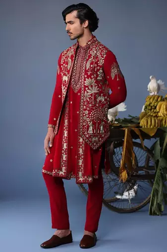 Heer pichwai resham hot red kurta jacket set