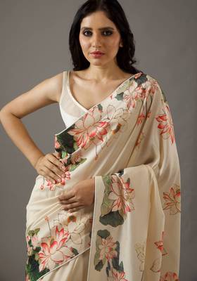 Cream bright moss printed saree 3
