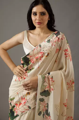 Cream bright moss printed saree