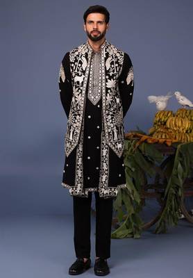 Talha pichwai resham black kurta 1 jacket set 1
