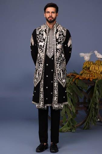 Talha pichwai resham black kurta 1 jacket set