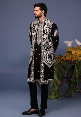 Talha pichwai resham black kurta 1 jacket set 2