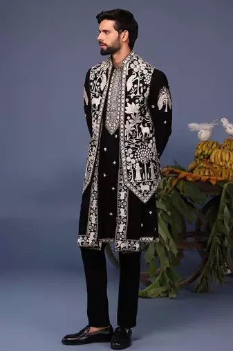 Talha pichwai resham black kurta 1 jacket set