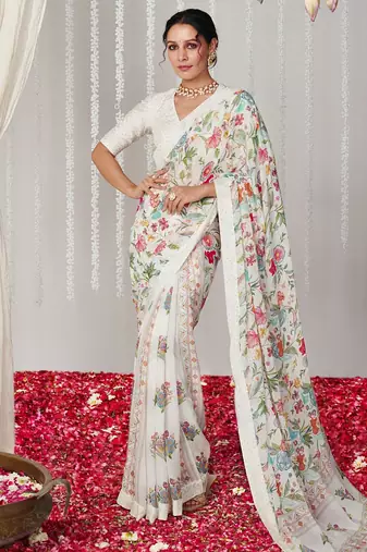 Off white bright moss printed saree
