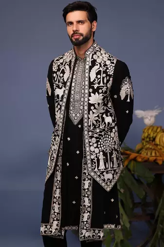 Talha pichwai resham black kurta 1 jacket set