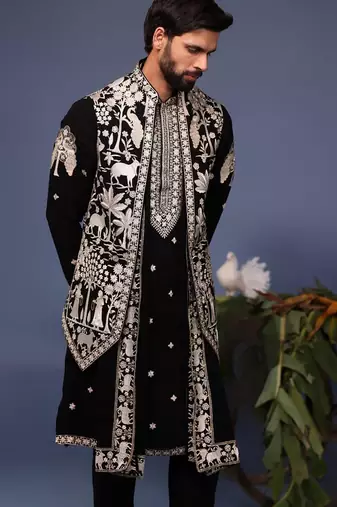 Talha pichwai resham black kurta 1 jacket set