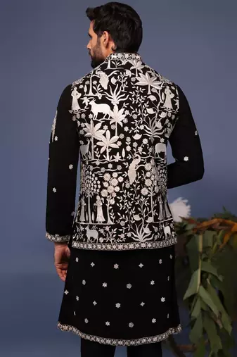 Talha pichwai resham black kurta 1 jacket set