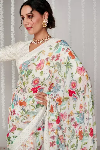 Off white bright moss printed saree