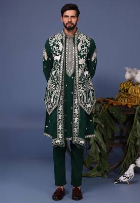 Haiz pichwai resham bottle green kurta 1 jacket set 1
